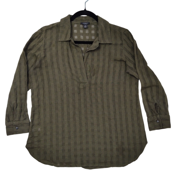 Ann Taylor Factory Olive Check V-Neck Collared Popover Size XS Cotton - Picture 8 of 8